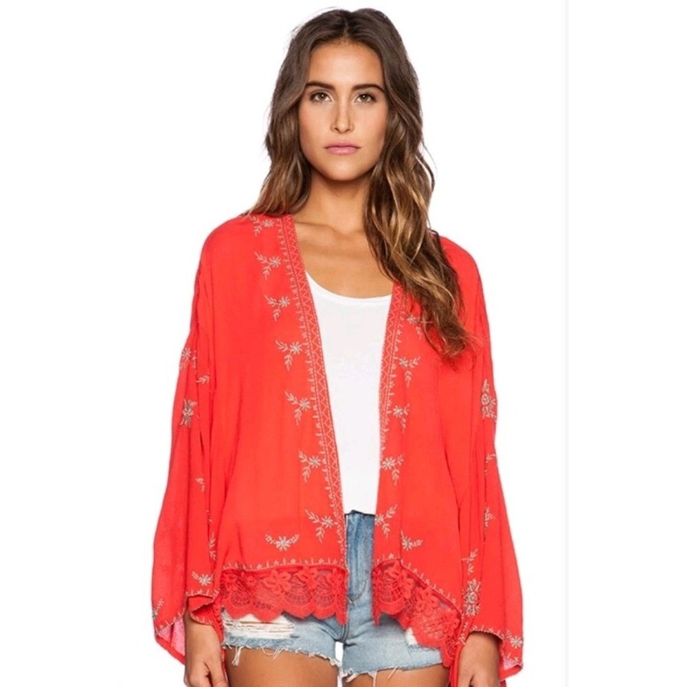 NWT Free People Red Embroidered Lace Boho Kimono Peasant Hippie Sz L Oversized